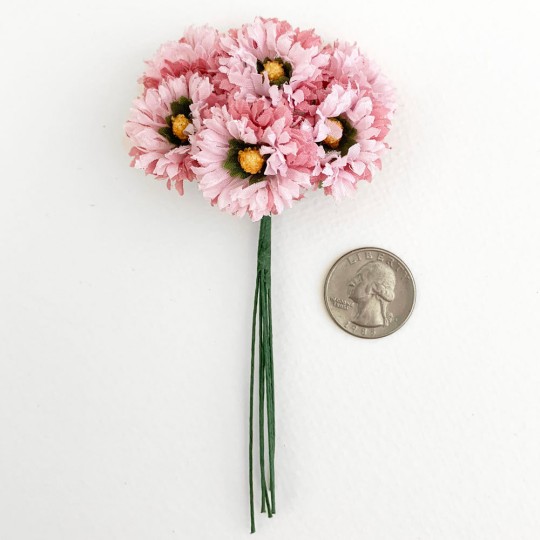 6 Pink Fabric Ruffled Daisy Blossoms ~ Austria ~ 1-1/8"